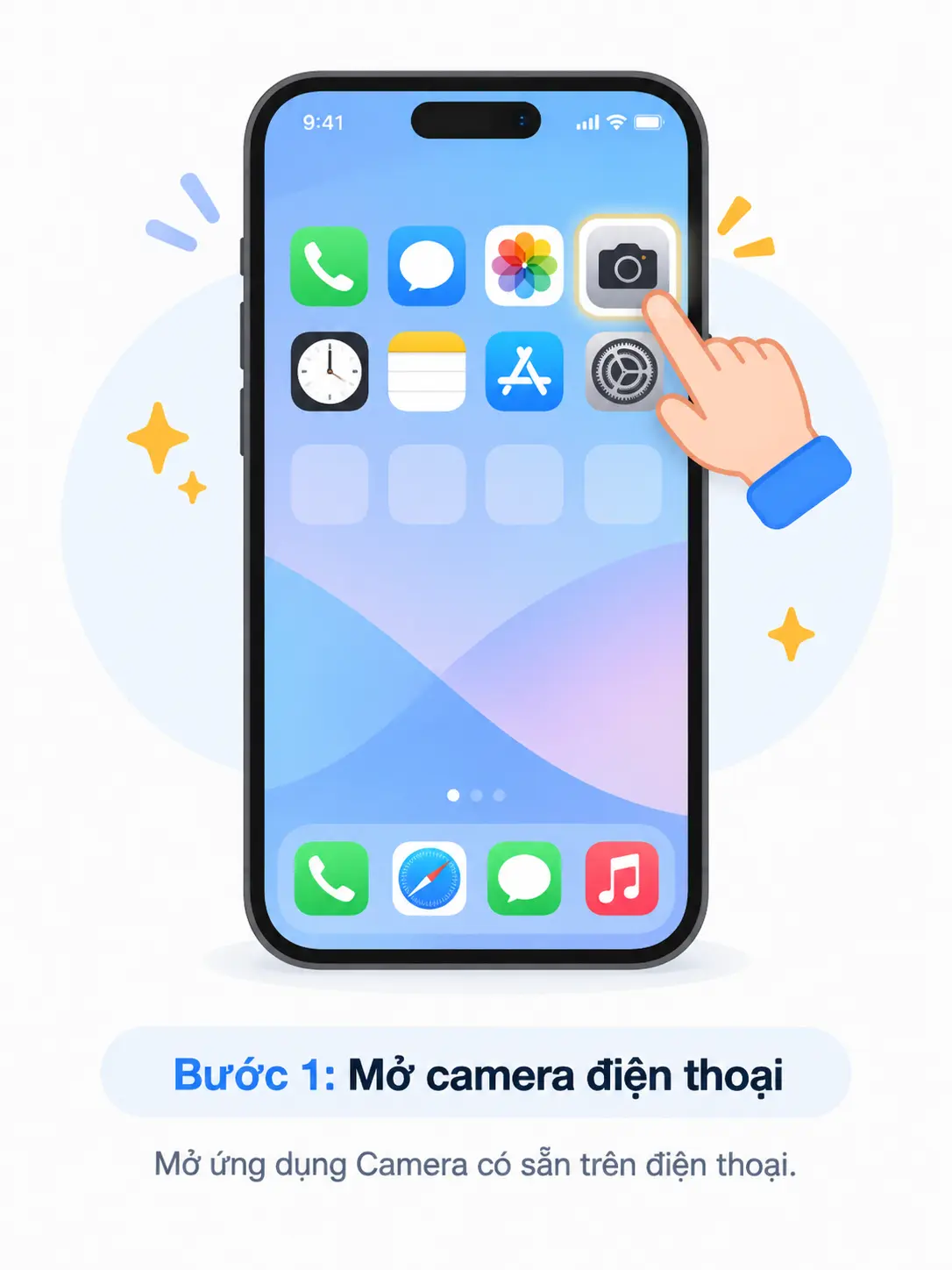 Minh hoạ bước 1: chạm vào biểu tượng Camera trên màn hình chính của điện thoại