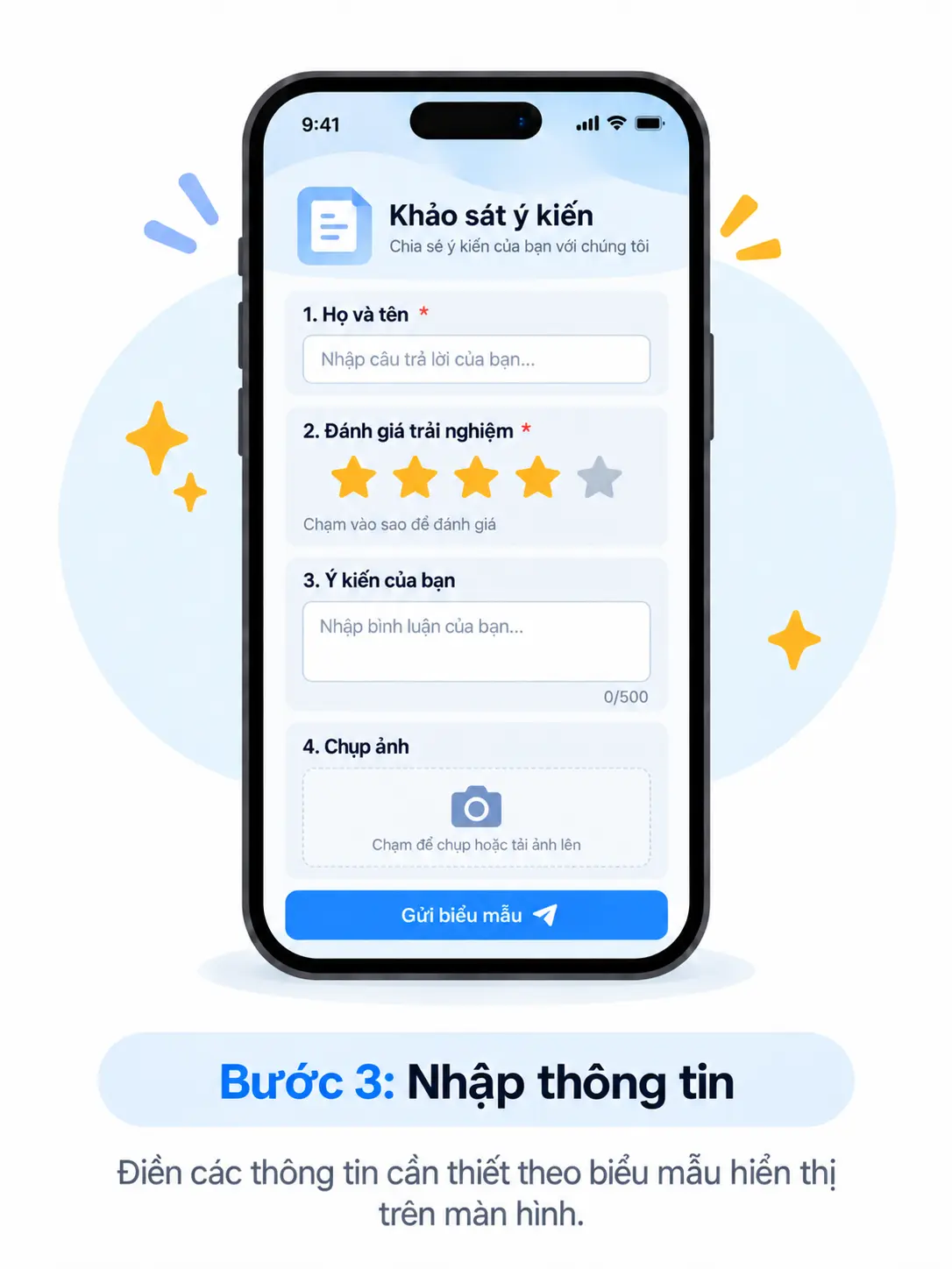 Minh hoạ bước 3: biểu mẫu khảo sát trên điện thoại với các ô họ tên, đánh giá sao, ý kiến và chụp ảnh