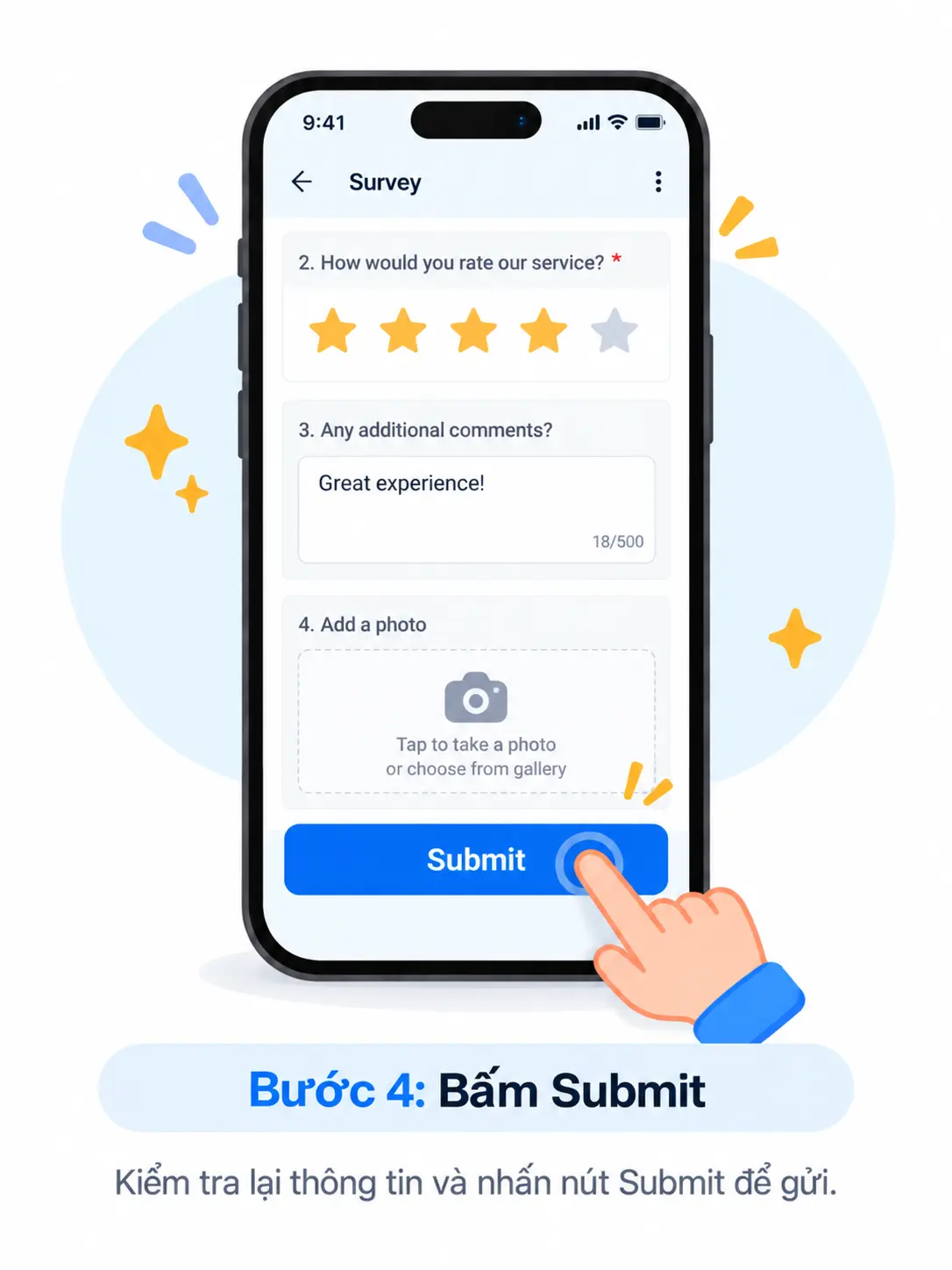 Minh hoạ bước 4: ngón tay bấm nút Submit ở cuối biểu mẫu khảo sát trên điện thoại