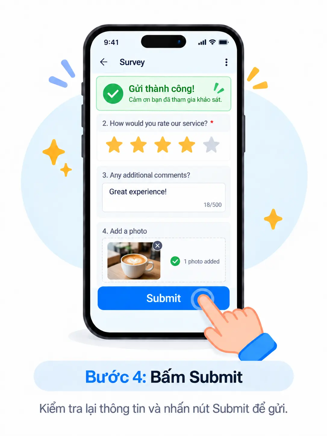Minh hoạ: sau khi bấm Submit, màn hình hiện dấu tích xanh và thông báo Gửi thành công